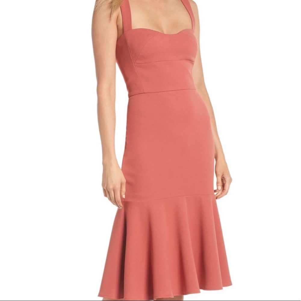 Gal Meets Glam Coral Midi Dress with Mermaid Hem